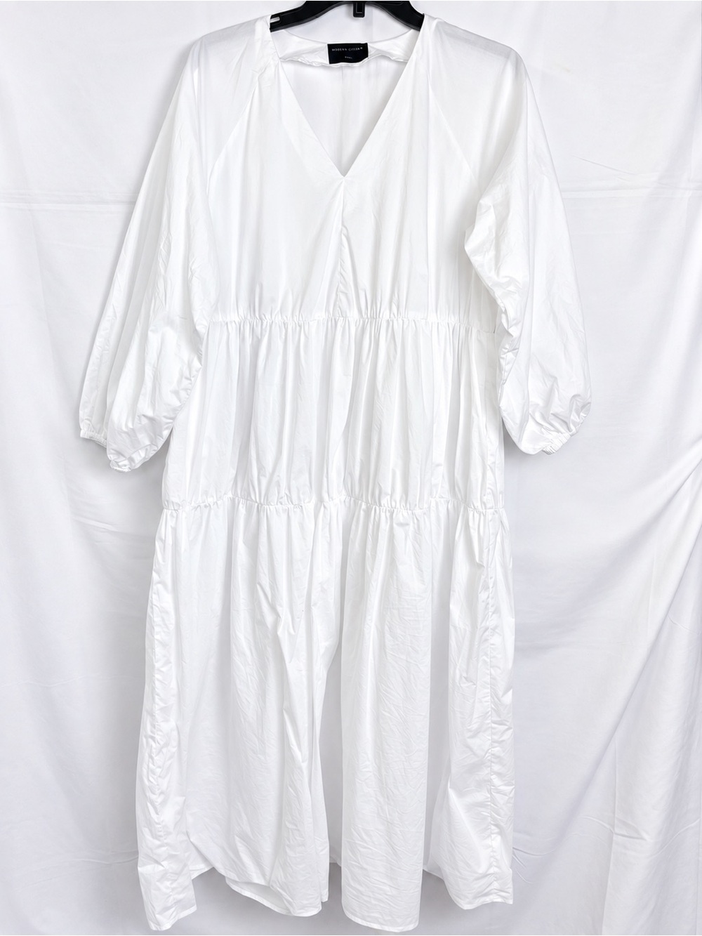 Modern Citizen Women’s White Tiered Maxi Dress Long Sleeve V-Neck Sz S